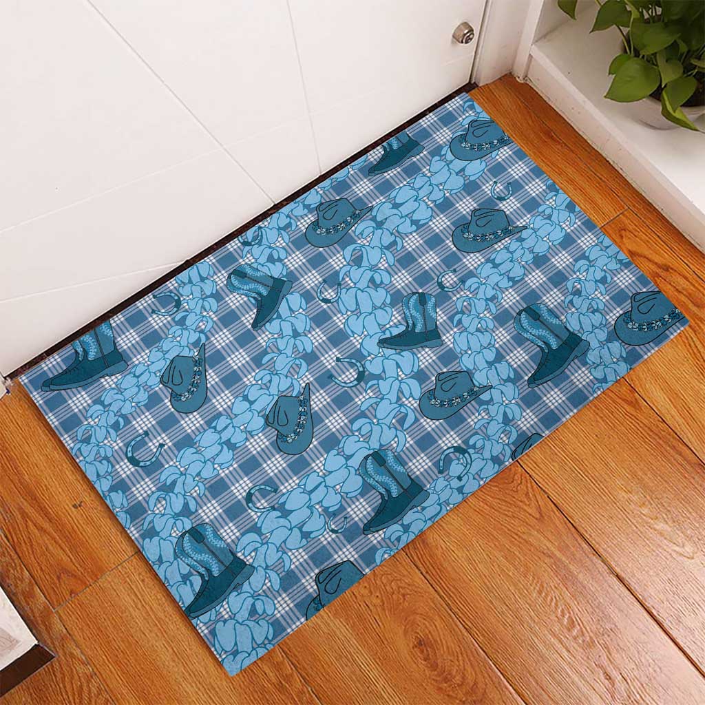 Cyan Palaka Hawaii Cowboy Rubber Doormat Puakenikeni Lei Paniolo Papale Seamless Vibes - Polynesian Pride