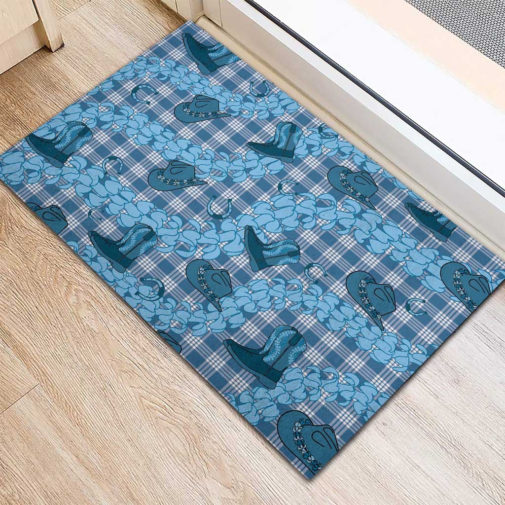 Cyan Palaka Hawaii Cowboy Rubber Doormat Puakenikeni Lei Paniolo Papale Seamless Vibes - Polynesian Pride