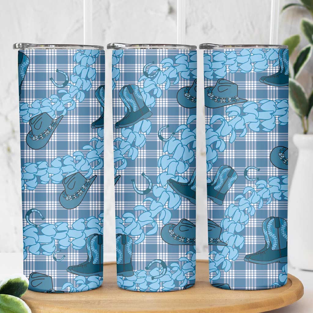 Cyan Palaka Hawaii Cowboy Skinny Tumbler Puakenikeni Lei Paniolo Papale Seamless Vibes - Polynesian Pride