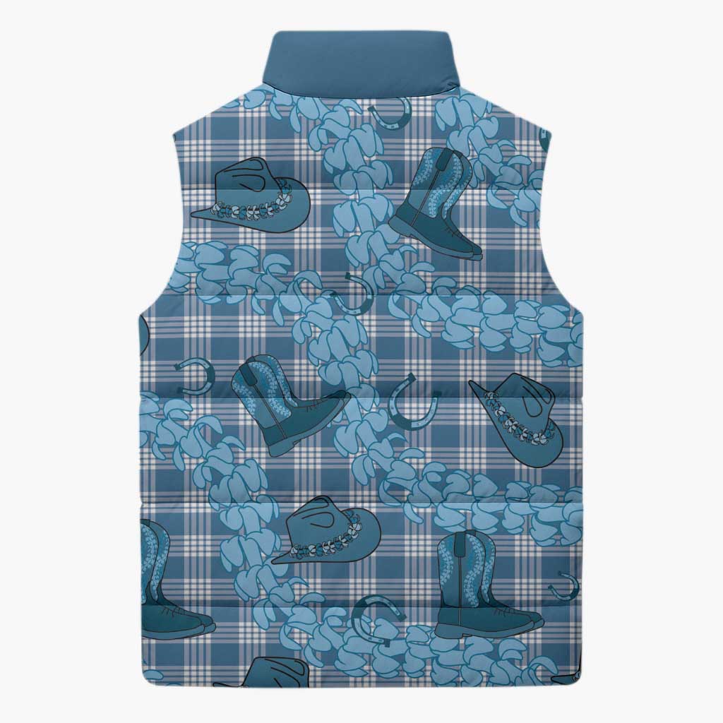 Cyan Palaka Hawaii Cowboy Sleeveless Puffer Jacket Puakenikeni Lei Paniolo Papale Seamless Vibes - Polynesian Pride