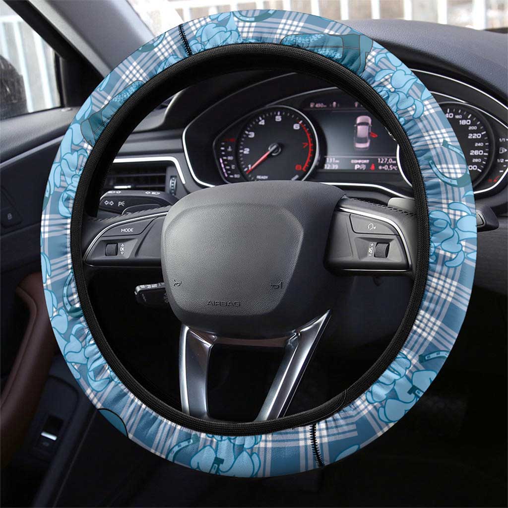 Cyan Palaka Hawaii Cowboy Steering Wheel Cover Puakenikeni Lei Paniolo Papale Seamless Vibes - Polynesian Pride