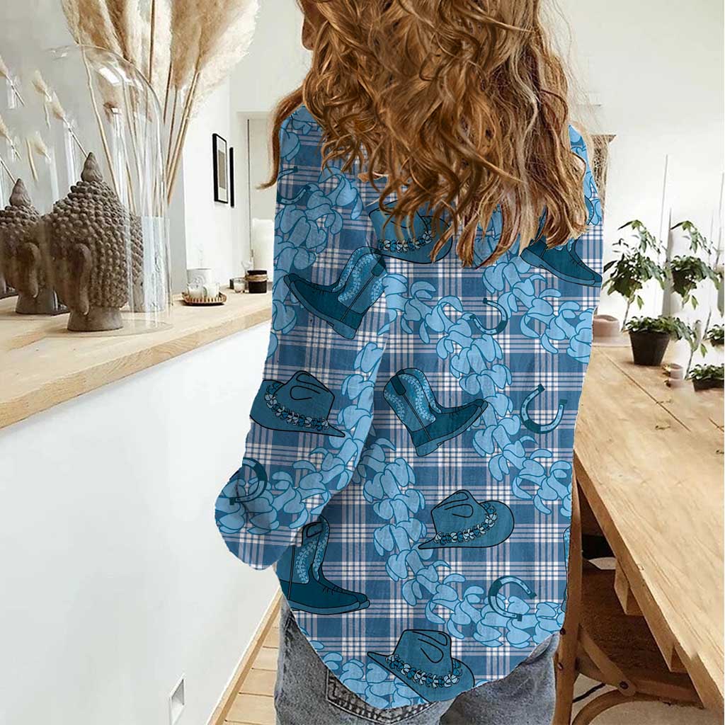Cyan Palaka Hawaii Cowboy Women Casual Shirt Puakenikeni Lei Paniolo Papale Seamless Vibes - Polynesian Pride