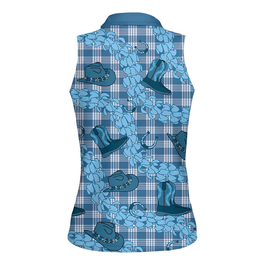Cyan Palaka Hawaii Cowboy Women Sleeveless Polo Shirt Puakenikeni Lei Paniolo Papale Seamless Vibes - Polynesian Pride