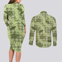 Lime Palaka Hawaii Cowboy Couples Matching Long Sleeve Bodycon Dress and Long Sleeve Button Shirt Puakenikeni Lei Paniolo Papale Seamless Vibes - Polynesian Pride