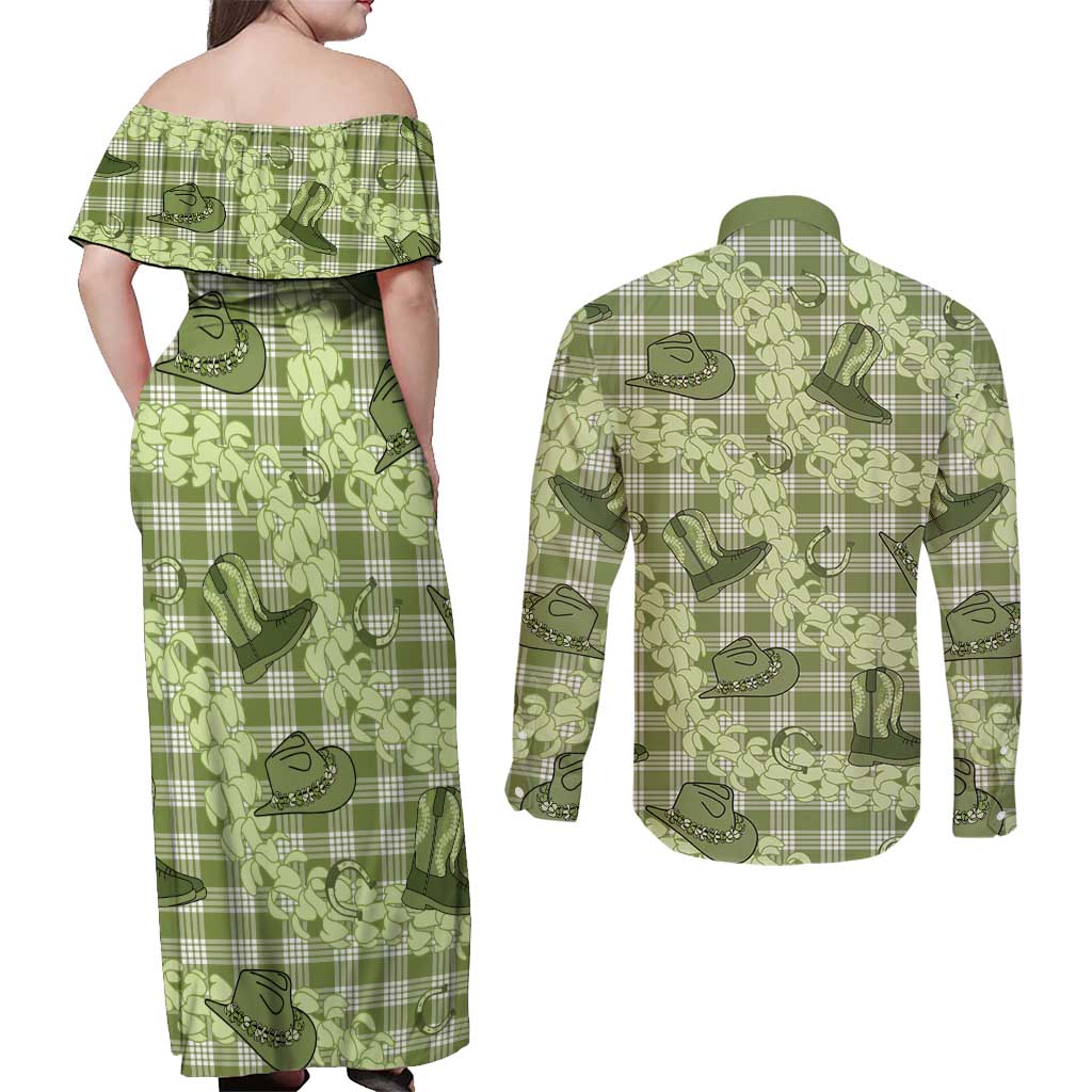 Lime Palaka Hawaii Cowboy Couples Matching Off Shoulder Maxi Dress and Long Sleeve Button Shirt Puakenikeni Lei Paniolo Papale Seamless Vibes - Polynesian Pride