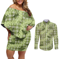 Lime Palaka Hawaii Cowboy Couples Matching Off Shoulder Short Dress and Long Sleeve Button Shirt Puakenikeni Lei Paniolo Papale Seamless Vibes - Polynesian Pride