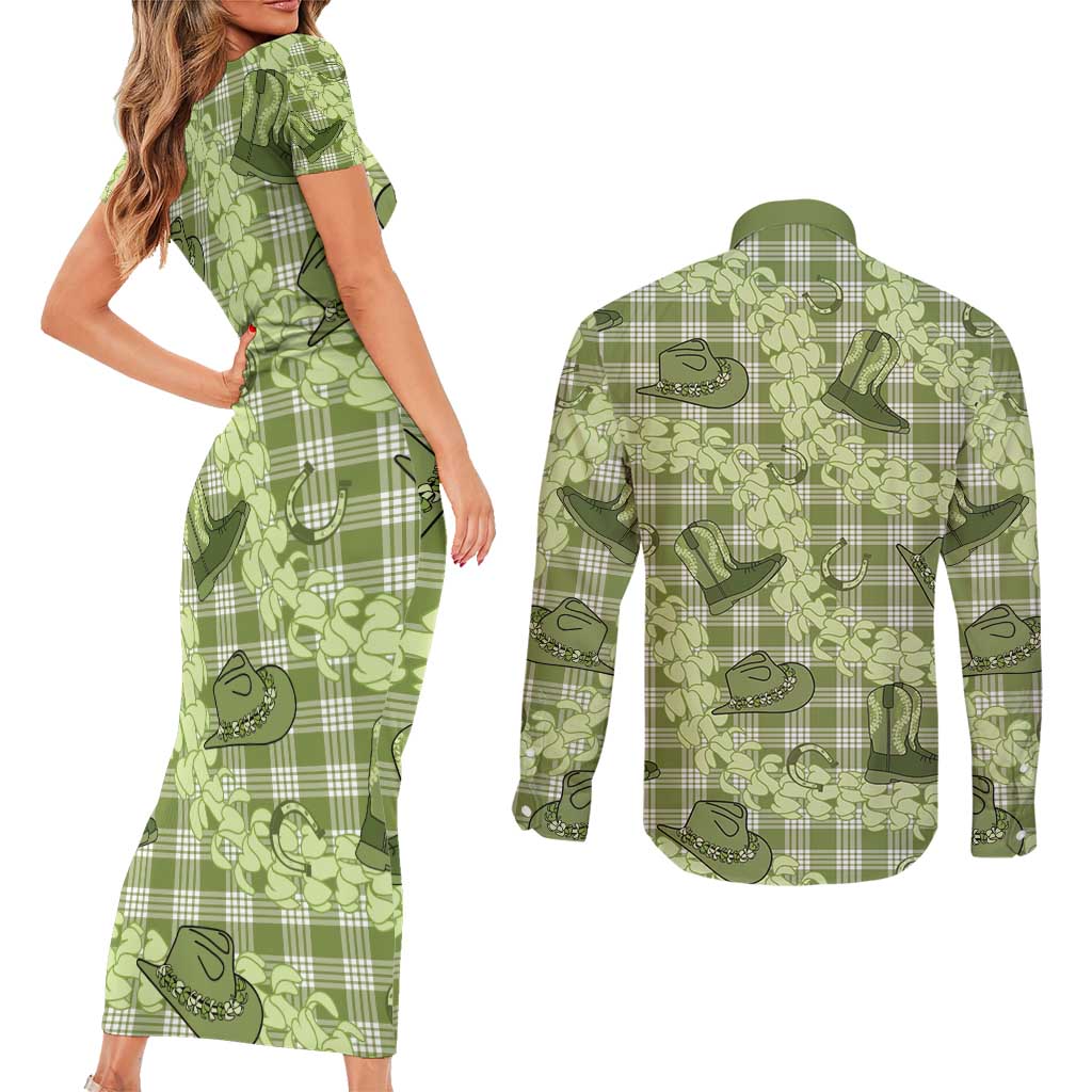 Lime Palaka Hawaii Cowboy Couples Matching Short Sleeve Bodycon Dress and Long Sleeve Button Shirt Puakenikeni Lei Paniolo Papale Seamless Vibes - Polynesian Pride