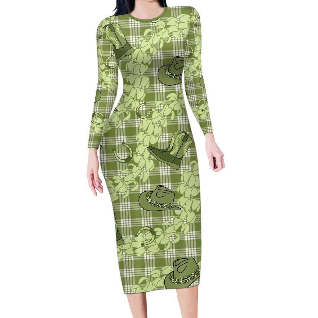 Lime Palaka Hawaii Cowboy Family Matching Long Sleeve Bodycon Dress and Hawaiian Shirt Puakenikeni Lei Paniolo Papale Seamless Vibes LT14 Mom's Dress Lime - Polynesian Pride