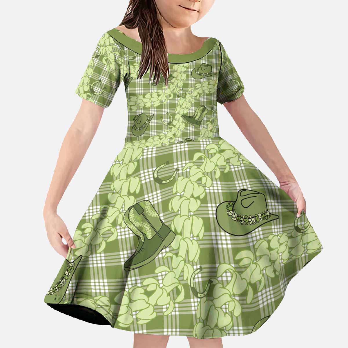 Lime Palaka Hawaii Cowboy Family Matching Off The Shoulder Long Sleeve Dress and Hawaiian Shirt Puakenikeni Lei Paniolo Papale Seamless Vibes - Polynesian Pride