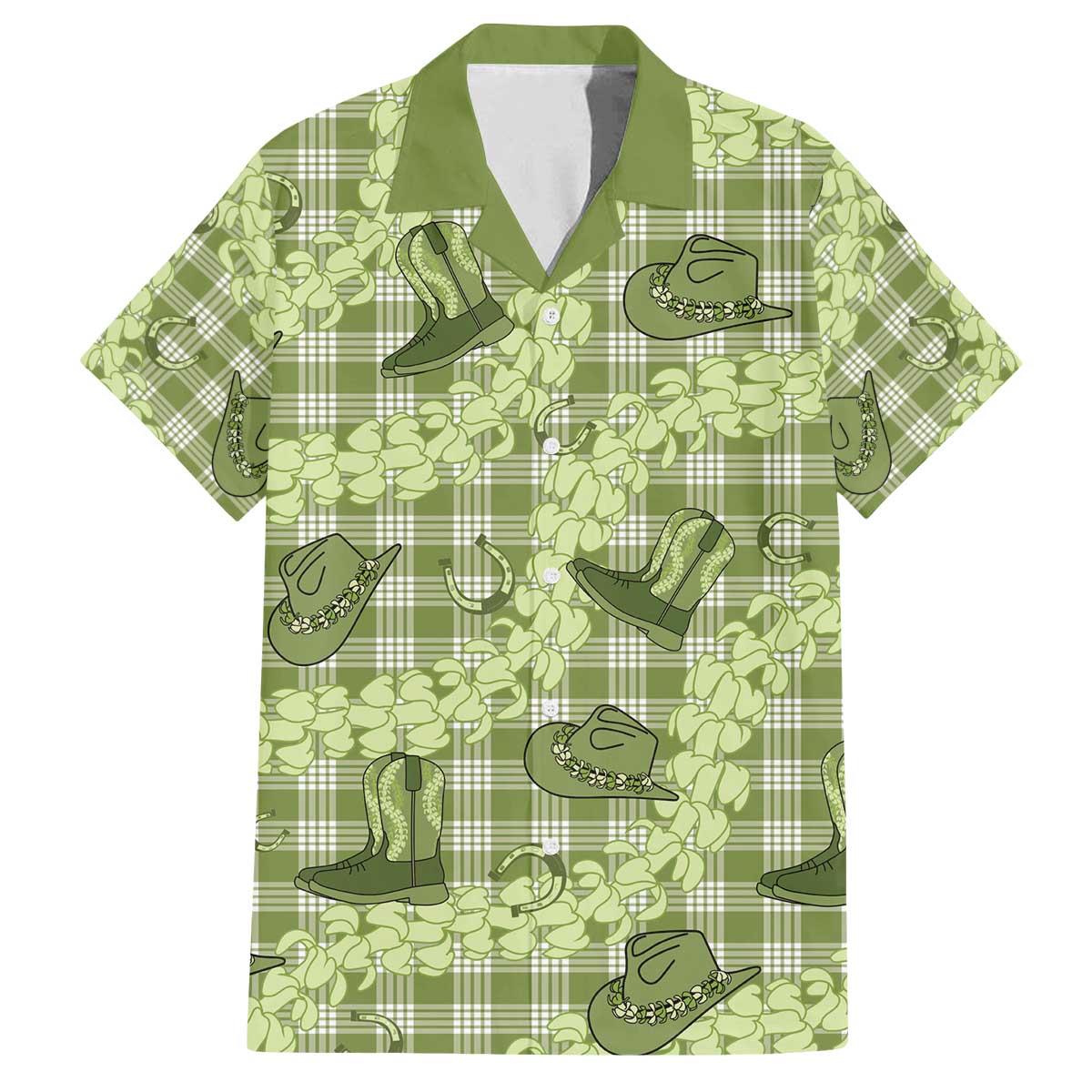 Lime Palaka Hawaii Cowboy Family Matching Off The Shoulder Long Sleeve Dress and Hawaiian Shirt Puakenikeni Lei Paniolo Papale Seamless Vibes - Polynesian Pride