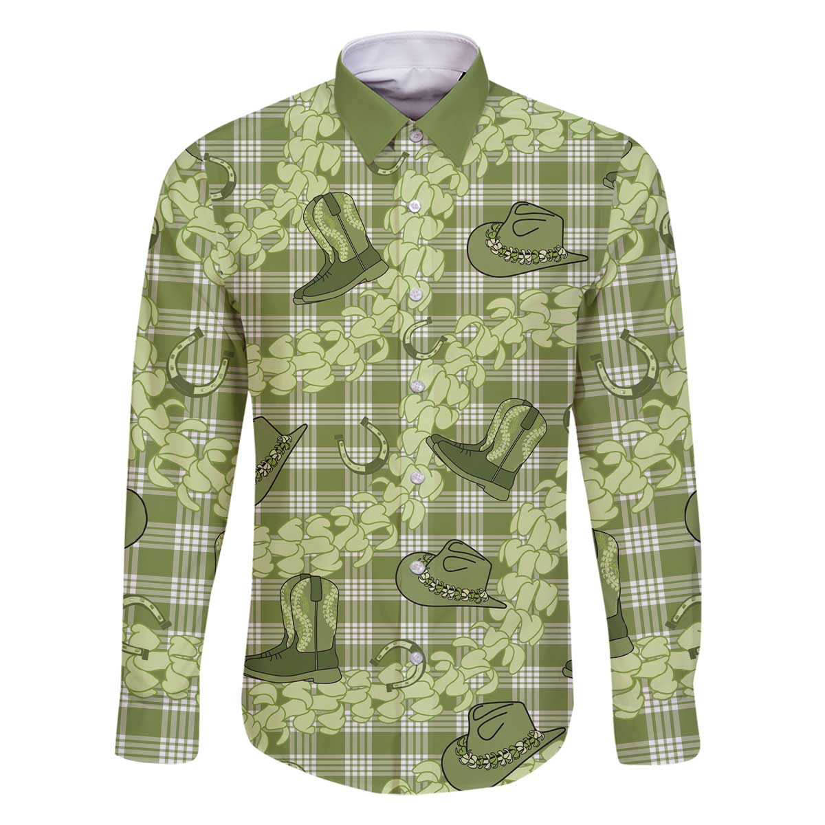 Lime Palaka Hawaii Cowboy Family Matching Off The Shoulder Long Sleeve Dress and Hawaiian Shirt Puakenikeni Lei Paniolo Papale Seamless Vibes - Polynesian Pride