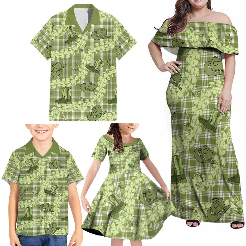 Lime Palaka Hawaii Cowboy Family Matching Off Shoulder Maxi Dress and Hawaiian Shirt Puakenikeni Lei Paniolo Papale Seamless Vibes - Polynesian Pride