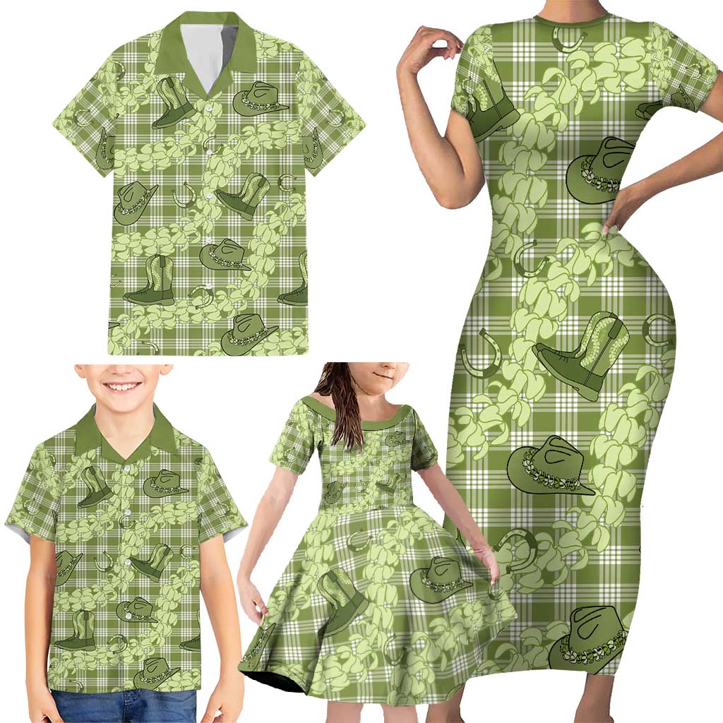 Lime Palaka Hawaii Cowboy Family Matching Short Sleeve Bodycon Dress and Hawaiian Shirt Puakenikeni Lei Paniolo Papale Seamless Vibes LT14 - Polynesian Pride