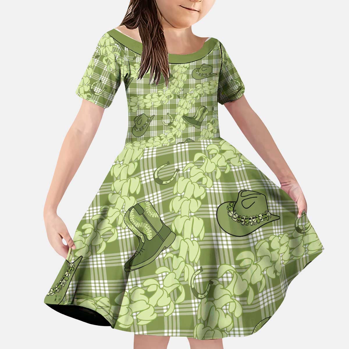 Lime Palaka Hawaii Cowboy Kid Short Sleeve Dress Puakenikeni Lei Paniolo Papale Seamless Vibes - Polynesian Pride