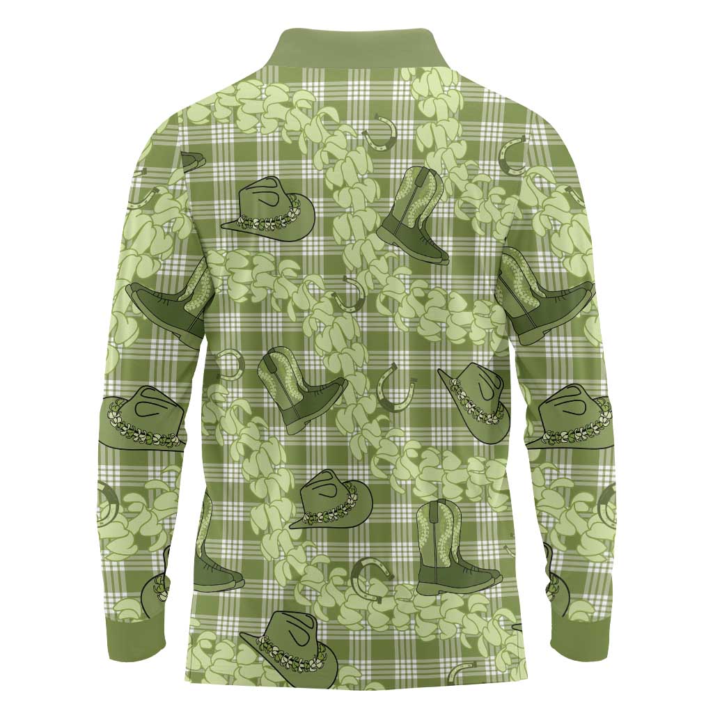 Lime Palaka Hawaii Cowboy Long Sleeve Polo Shirt Puakenikeni Lei Paniolo Papale Seamless Vibes - Polynesian Pride