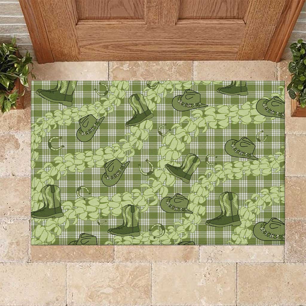 Lime Palaka Hawaii Cowboy Rubber Doormat Puakenikeni Lei Paniolo Papale Seamless Vibes - Polynesian Pride