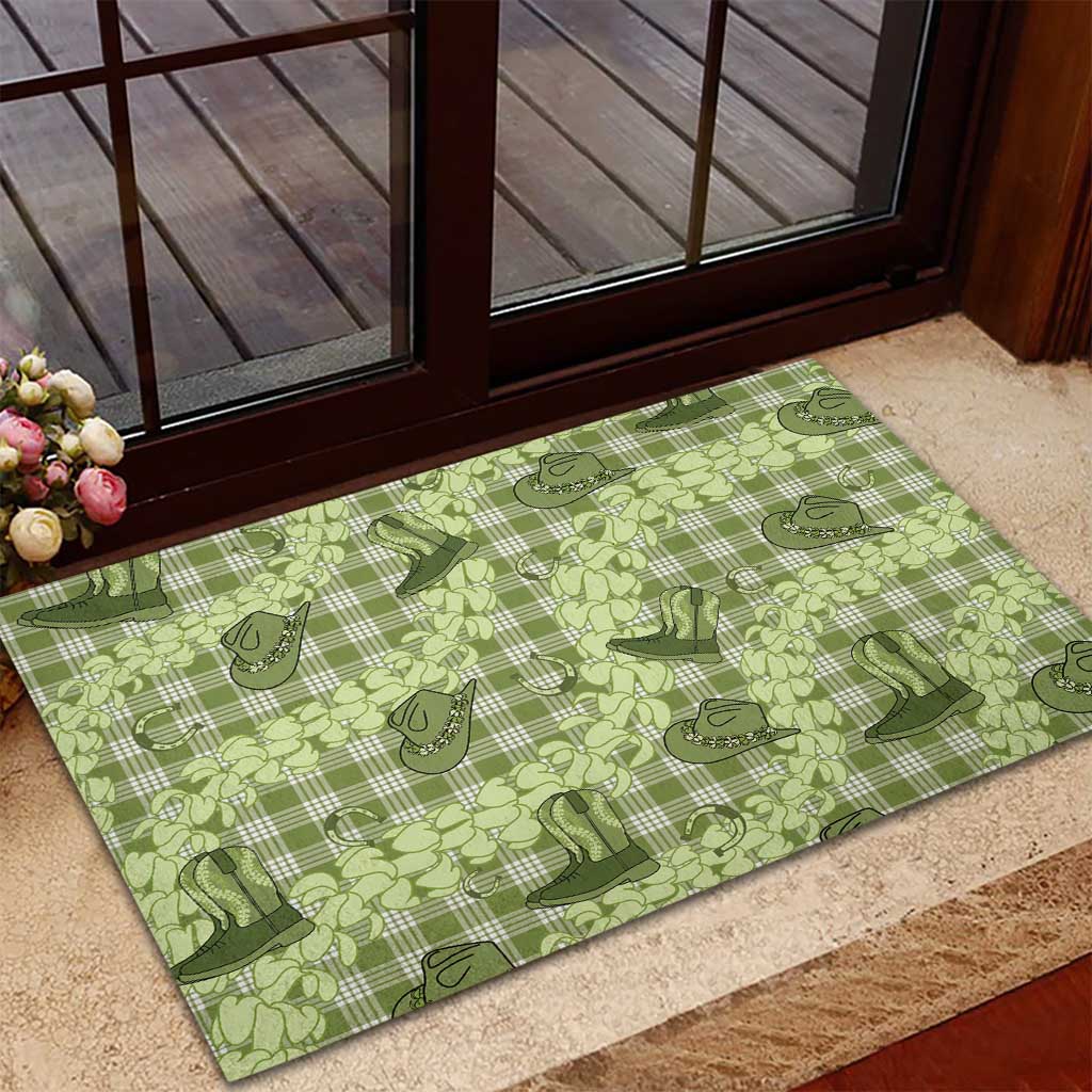 Lime Palaka Hawaii Cowboy Rubber Doormat Puakenikeni Lei Paniolo Papale Seamless Vibes - Polynesian Pride