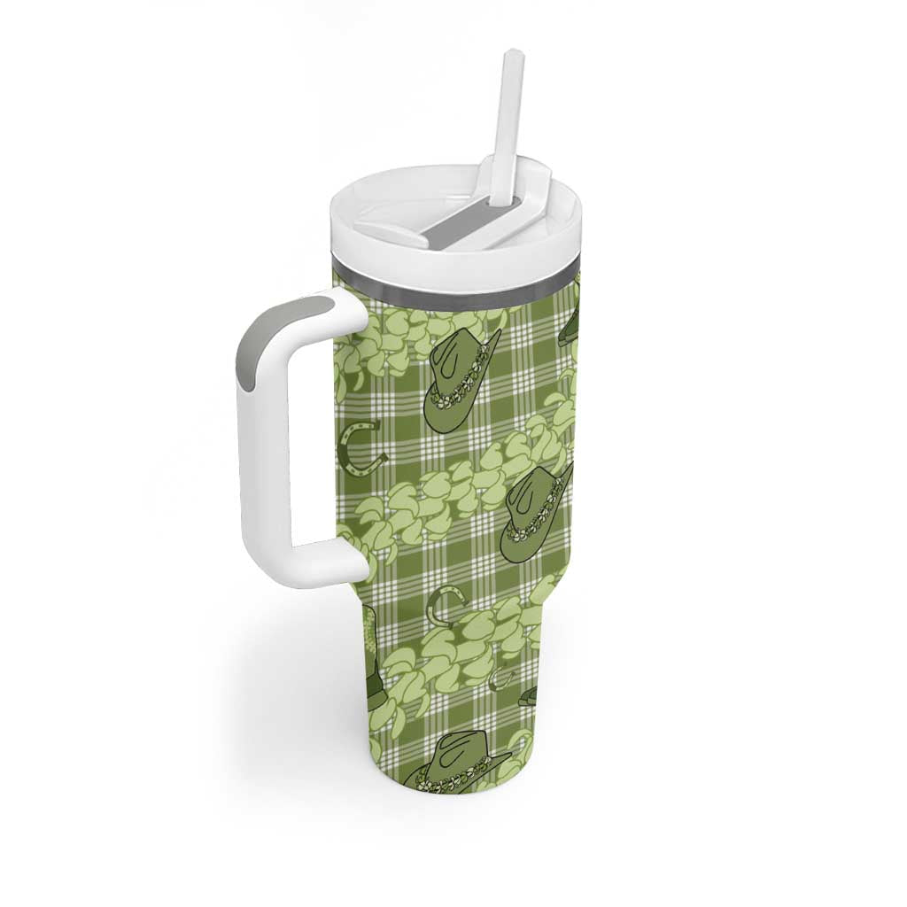 Lime Palaka Hawaii Cowboy Tumbler With Handle Puakenikeni Lei Paniolo Papale Seamless Vibes - Polynesian Pride