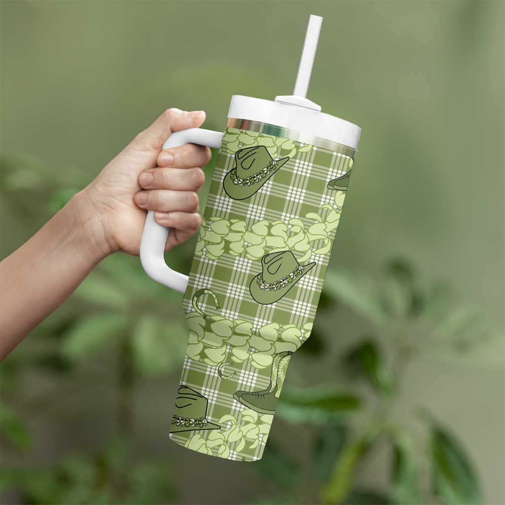 Lime Palaka Hawaii Cowboy Tumbler With Handle Puakenikeni Lei Paniolo Papale Seamless Vibes - Polynesian Pride