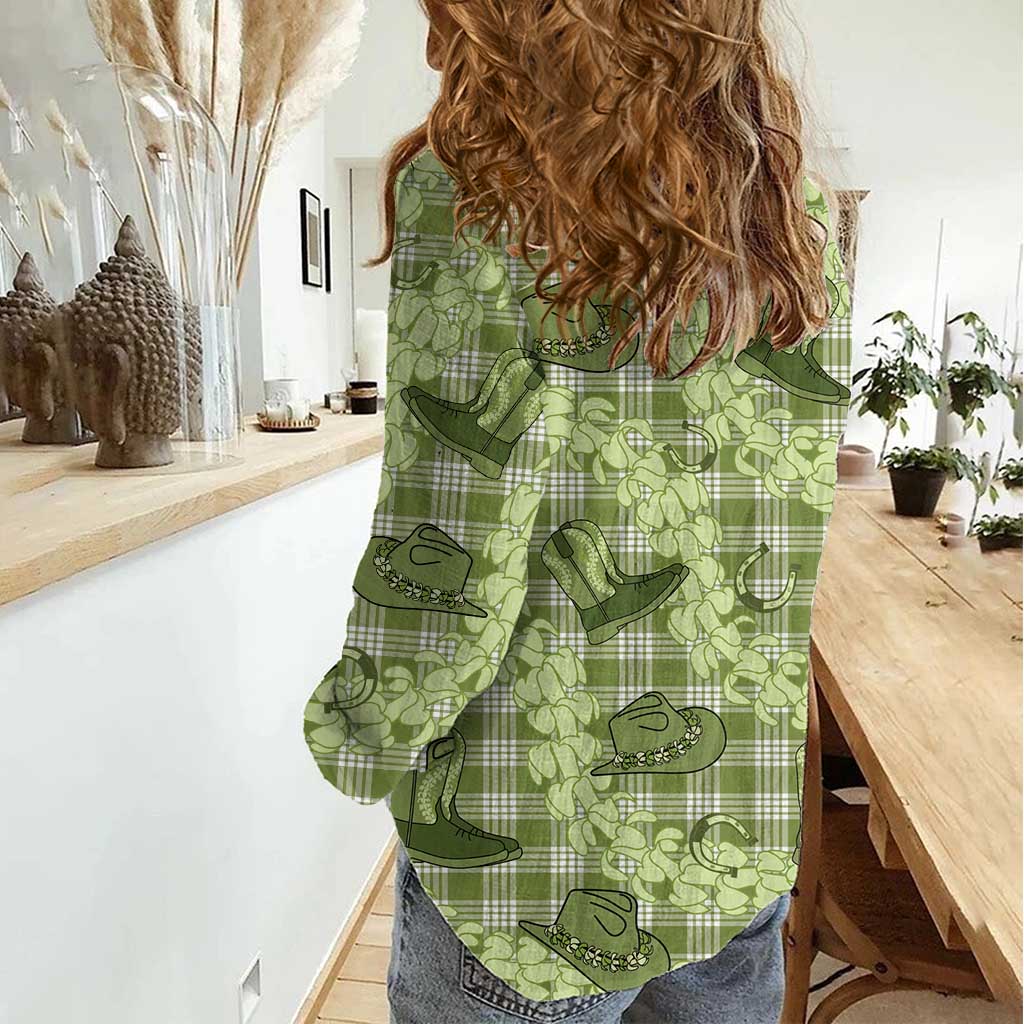 Lime Palaka Hawaii Cowboy Women Casual Shirt Puakenikeni Lei Paniolo Papale Seamless Vibes - Polynesian Pride