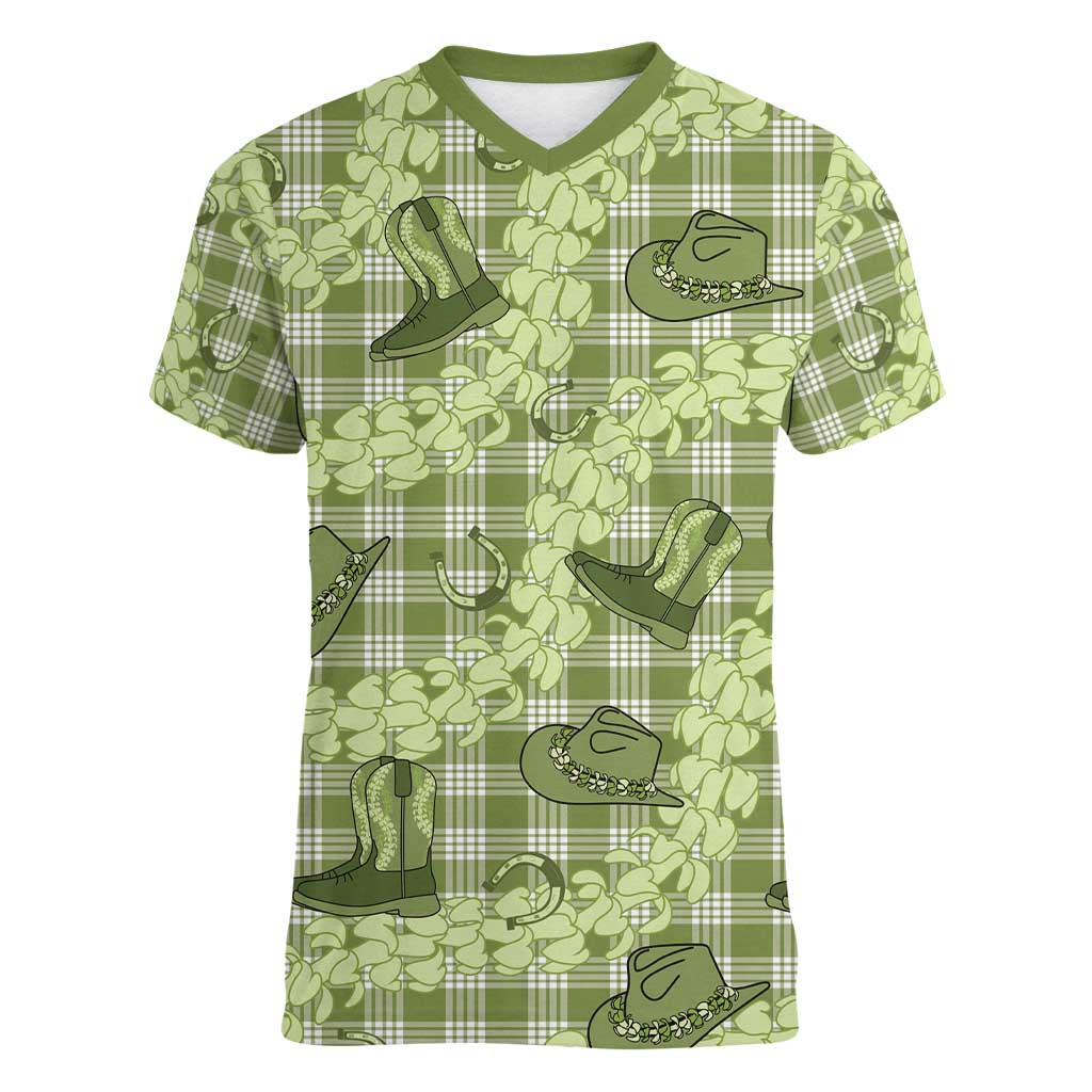 Lime Palaka Hawaii Cowboy Women V-Neck T-Shirt Puakenikeni Lei Paniolo Papale Seamless Vibes - Polynesian Pride