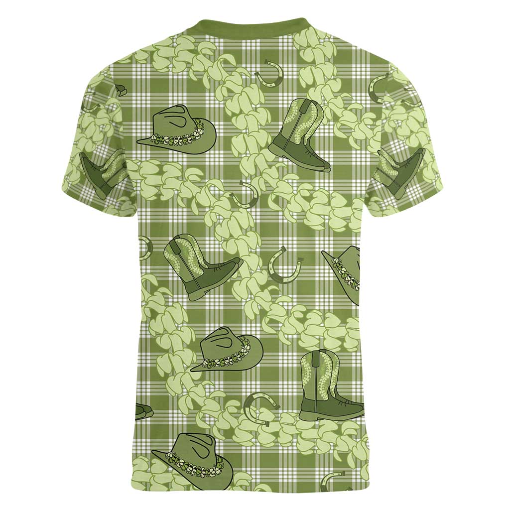 Lime Palaka Hawaii Cowboy Women V-Neck T-Shirt Puakenikeni Lei Paniolo Papale Seamless Vibes - Polynesian Pride