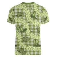Lime Palaka Hawaii Cowboy Women V-Neck T-Shirt Puakenikeni Lei Paniolo Papale Seamless Vibes - Polynesian Pride