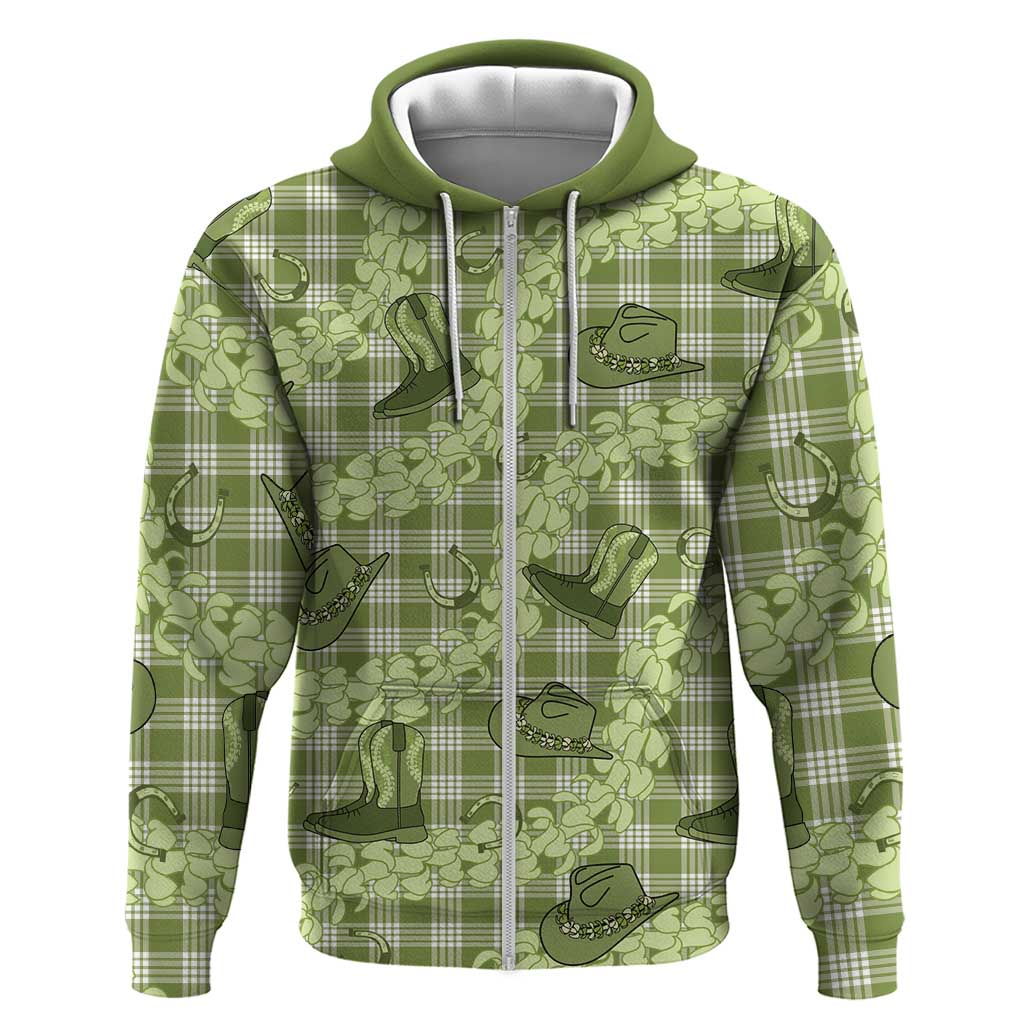 Lime Palaka Hawaii Cowboy Zip Hoodie Puakenikeni Lei Paniolo Papale Seamless Vibes - Polynesian Pride
