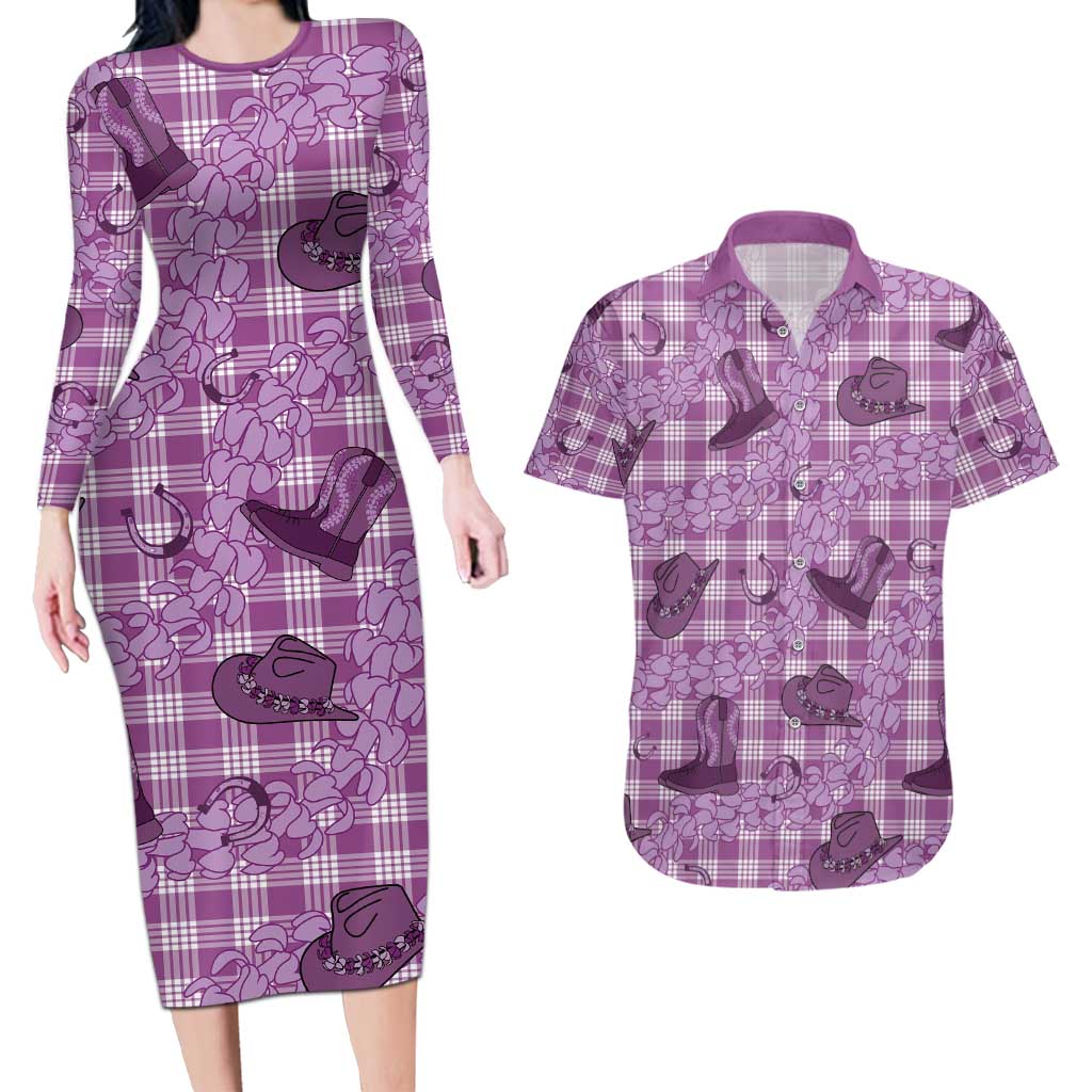 Purple Palaka Hawaii Cowboy Couples Matching Long Sleeve Bodycon Dress and Hawaiian Shirt Puakenikeni Lei Paniolo Papale Seamless Vibes - Polynesian Pride