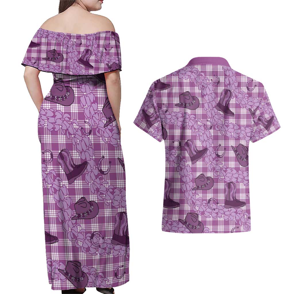 Purple Palaka Hawaii Cowboy Couples Matching Off Shoulder Maxi Dress and Hawaiian Shirt Puakenikeni Lei Paniolo Papale Seamless Vibes - Polynesian Pride