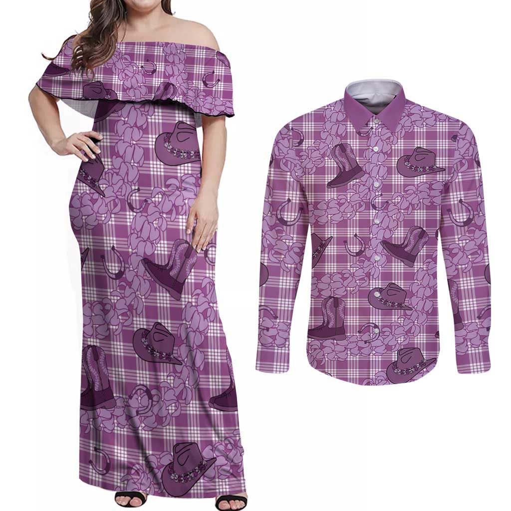 Purple Palaka Hawaii Cowboy Couples Matching Off Shoulder Maxi Dress and Long Sleeve Button Shirt Puakenikeni Lei Paniolo Papale Seamless Vibes - Polynesian Pride