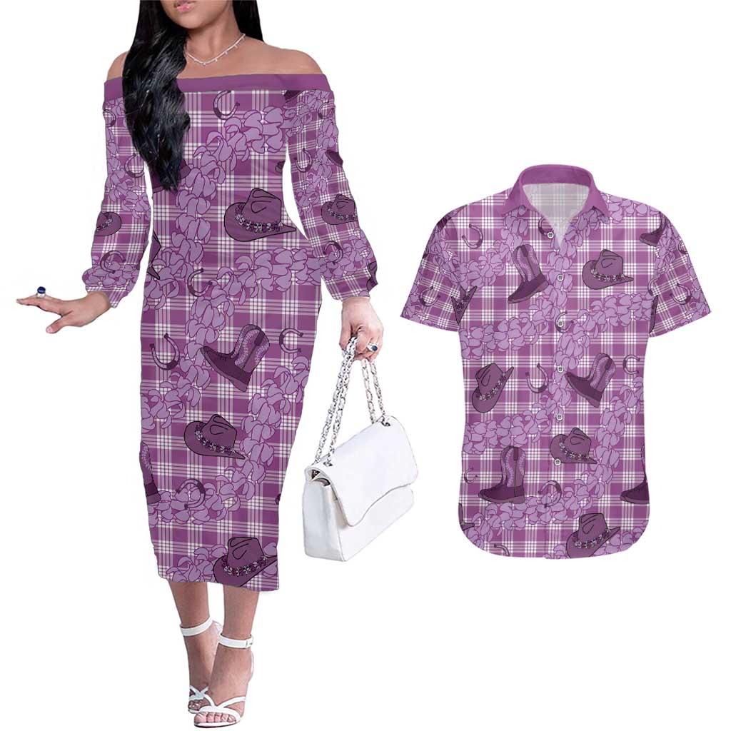 Purple Palaka Hawaii Cowboy Couples Matching Off The Shoulder Long Sleeve Dress and Hawaiian Shirt Puakenikeni Lei Paniolo Papale Seamless Vibes - Polynesian Pride