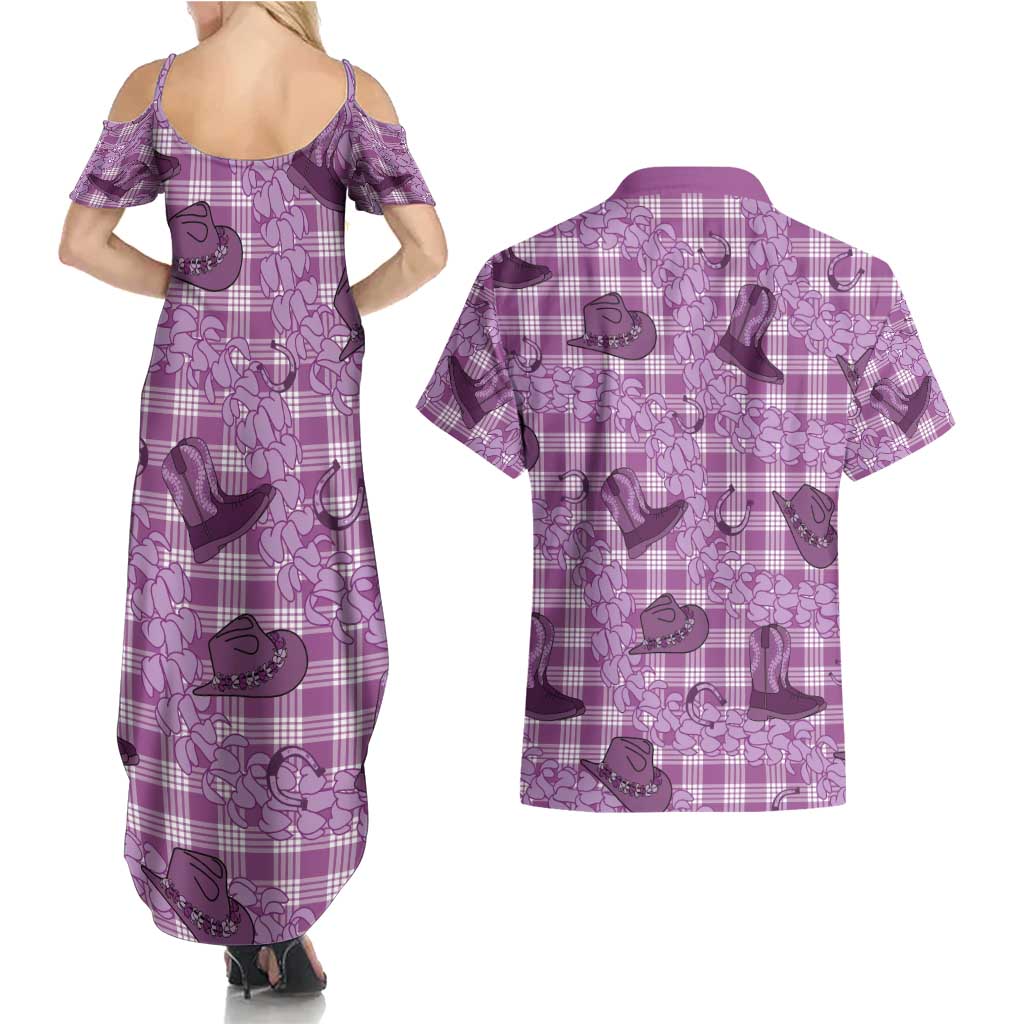 Purple Palaka Hawaii Cowboy Couples Matching Summer Maxi Dress and Hawaiian Shirt Puakenikeni Lei Paniolo Papale Seamless Vibes - Polynesian Pride