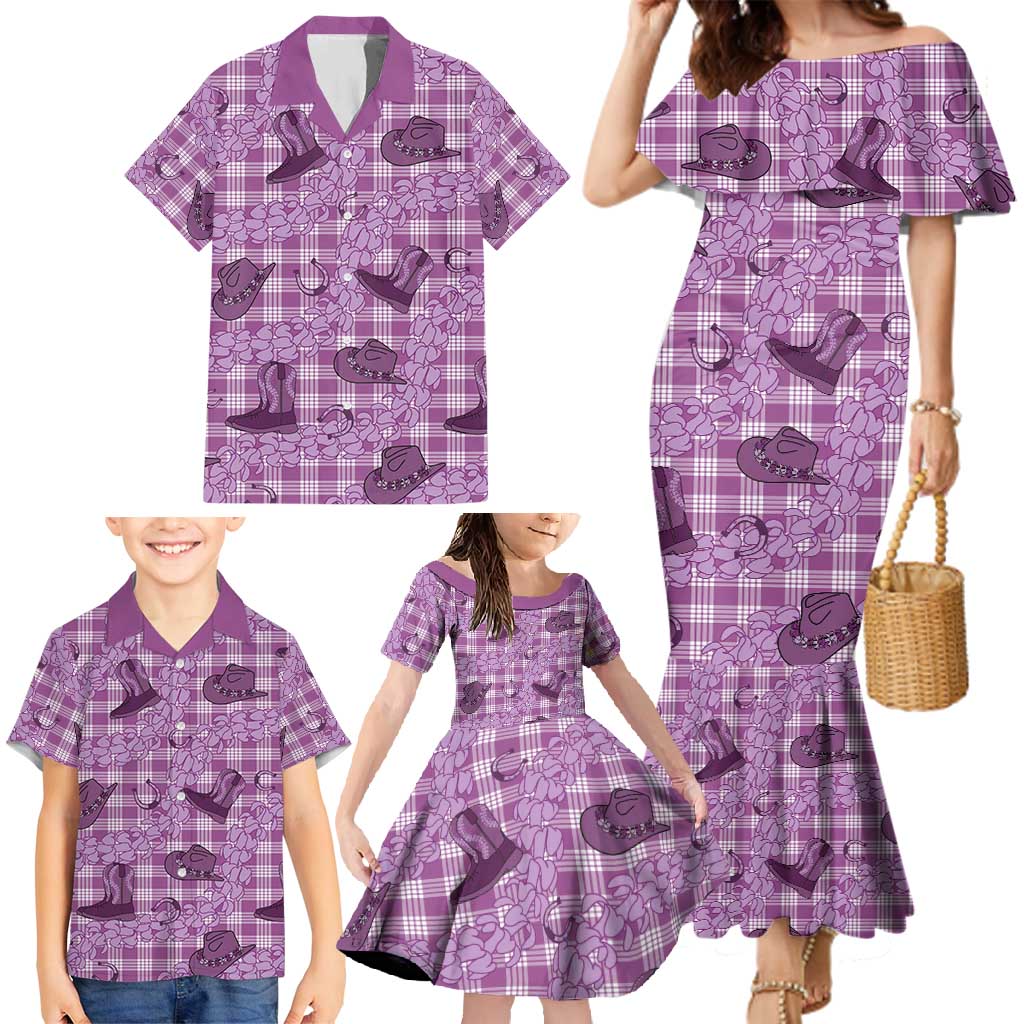 Purple Palaka Hawaii Cowboy Family Matching Mermaid Dress and Hawaiian Shirt Puakenikeni Lei Paniolo Papale Seamless Vibes LT14 - Polynesian Pride