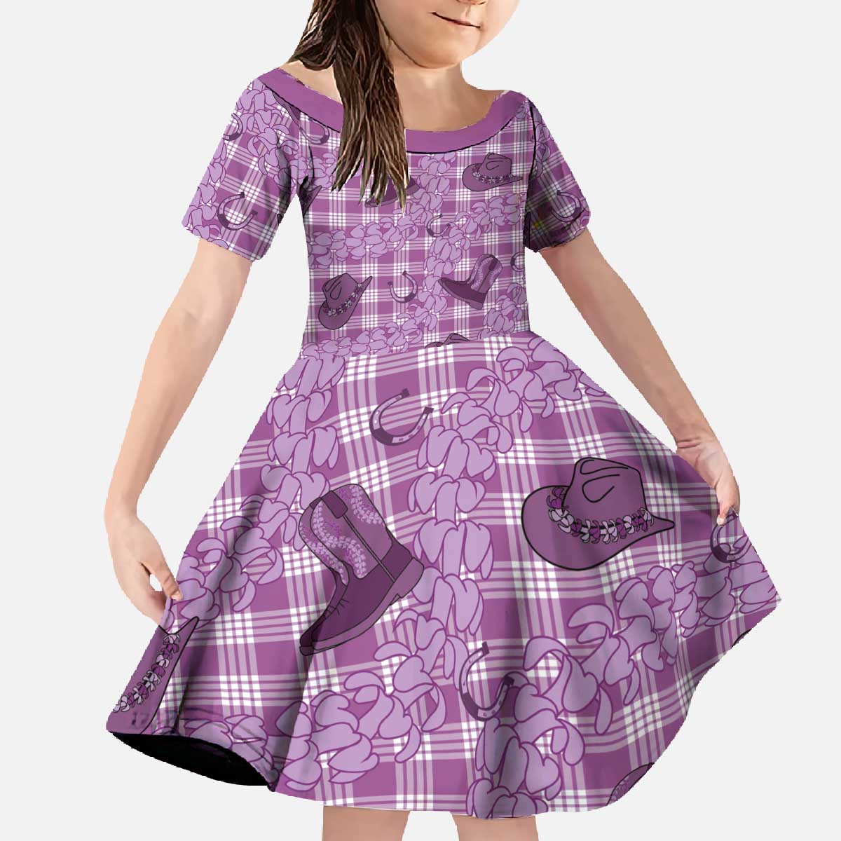 Purple Palaka Hawaii Cowboy Family Matching Off The Shoulder Long Sleeve Dress and Hawaiian Shirt Puakenikeni Lei Paniolo Papale Seamless Vibes - Polynesian Pride