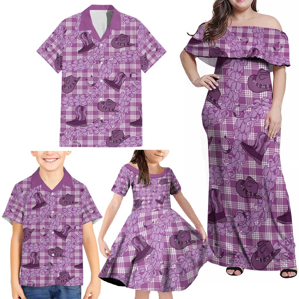 Purple Palaka Hawaii Cowboy Family Matching Off Shoulder Maxi Dress and Hawaiian Shirt Puakenikeni Lei Paniolo Papale Seamless Vibes - Polynesian Pride