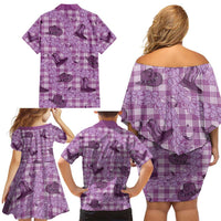Purple Palaka Hawaii Cowboy Family Matching Off Shoulder Short Dress and Hawaiian Shirt Puakenikeni Lei Paniolo Papale Seamless Vibes - Polynesian Pride