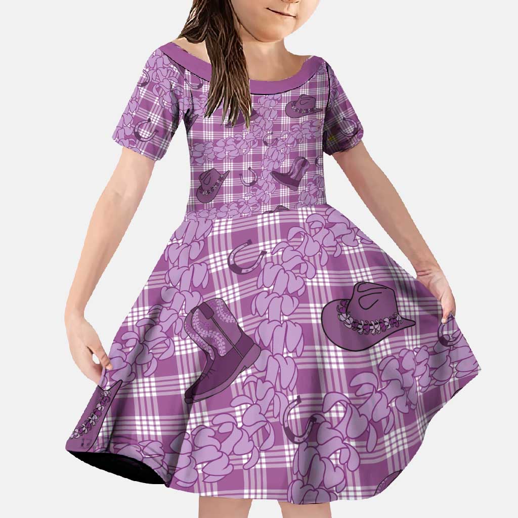Purple Palaka Hawaii Cowboy Family Matching Short Sleeve Bodycon Dress and Hawaiian Shirt Puakenikeni Lei Paniolo Papale Seamless Vibes LT14 Daughter's Dress Purple - Polynesian Pride