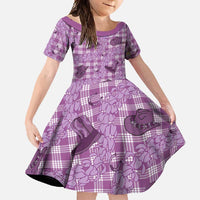 Purple Palaka Hawaii Cowboy Family Matching Short Sleeve Bodycon Dress and Hawaiian Shirt Puakenikeni Lei Paniolo Papale Seamless Vibes LT14 Daughter's Dress Purple - Polynesian Pride