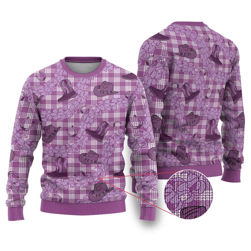 Purple Palaka Hawaii Cowboy Ugly Christmas Sweater Puakenikeni Lei Paniolo Papale Seamless Vibes - Polynesian Pride