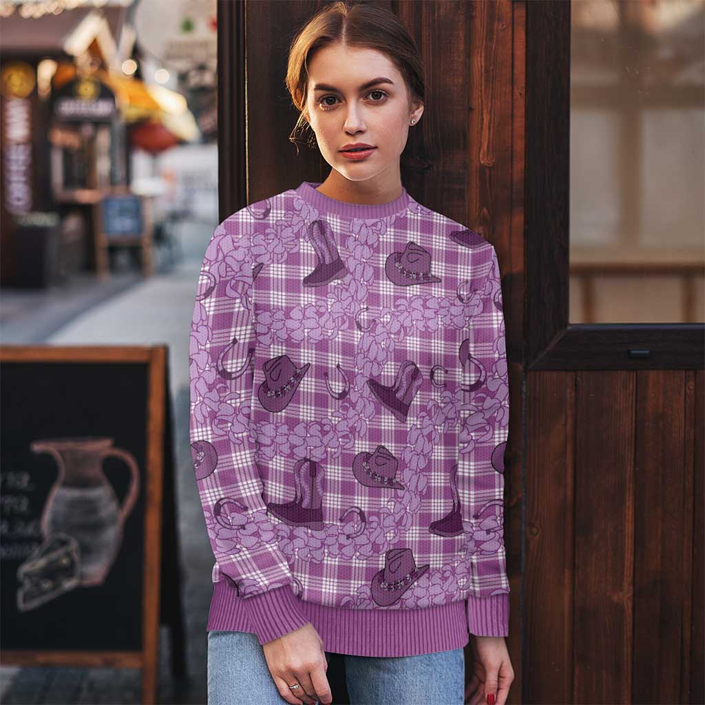 Purple Palaka Hawaii Cowboy Ugly Christmas Sweater Puakenikeni Lei Paniolo Papale Seamless Vibes - Polynesian Pride