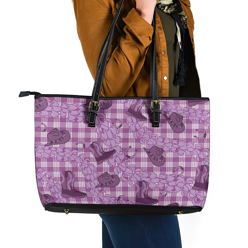 Purple Palaka Hawaii Cowboy Leather Tote Bag Puakenikeni Lei Paniolo Papale Seamless Vibes - Polynesian Pride