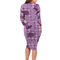 Purple Palaka Hawaii Cowboy Long Sleeve Bodycon Dress Puakenikeni Lei Paniolo Papale Seamless Vibes - Polynesian Pride