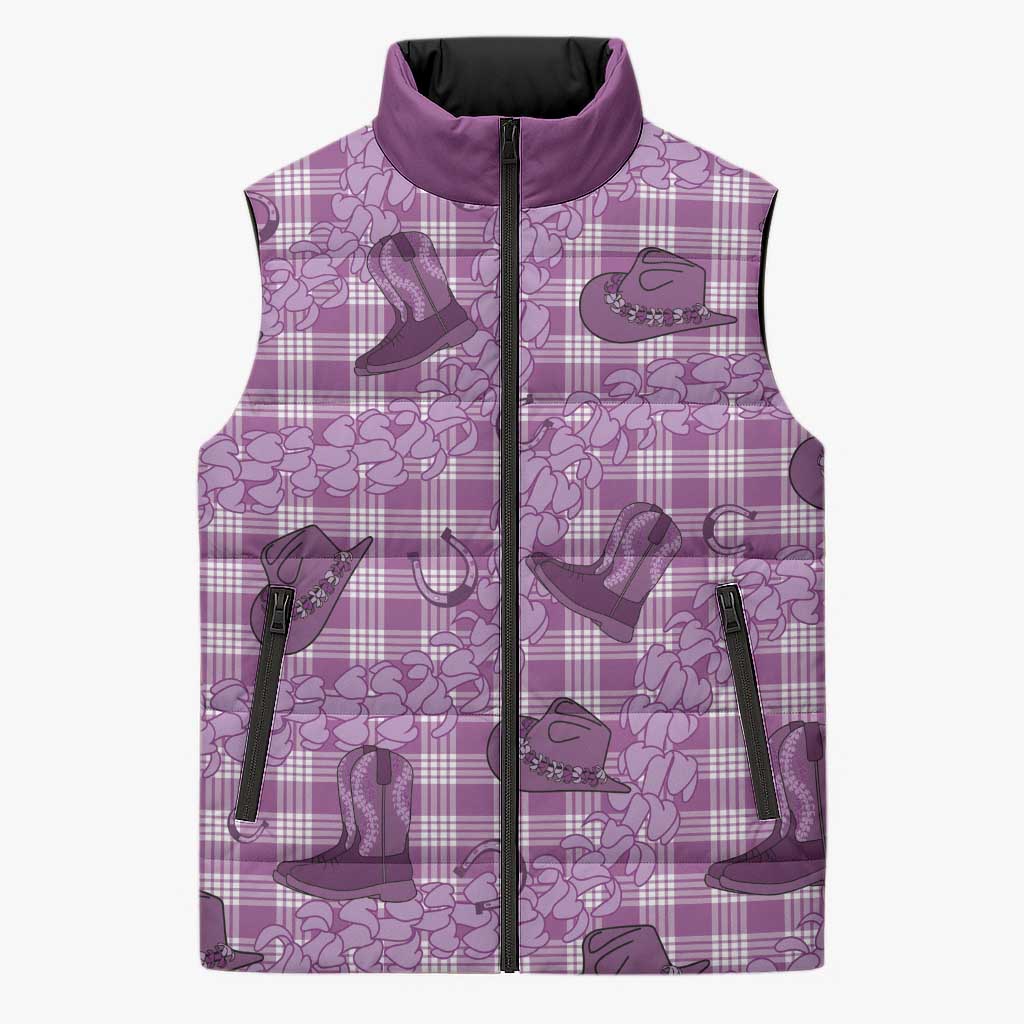 Purple Palaka Hawaii Cowboy Sleeveless Puffer Jacket Puakenikeni Lei Paniolo Papale Seamless Vibes - Polynesian Pride