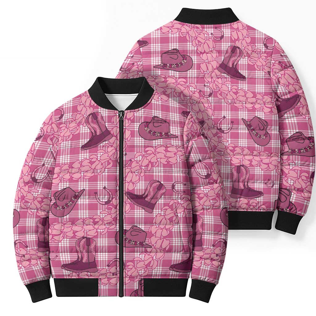 Pink Palaka Hawaii Cowboy Bomber Puffer Jacket Puakenikeni Lei Paniolo Papale Seamless Vibes LT14 - Polynesian Pride