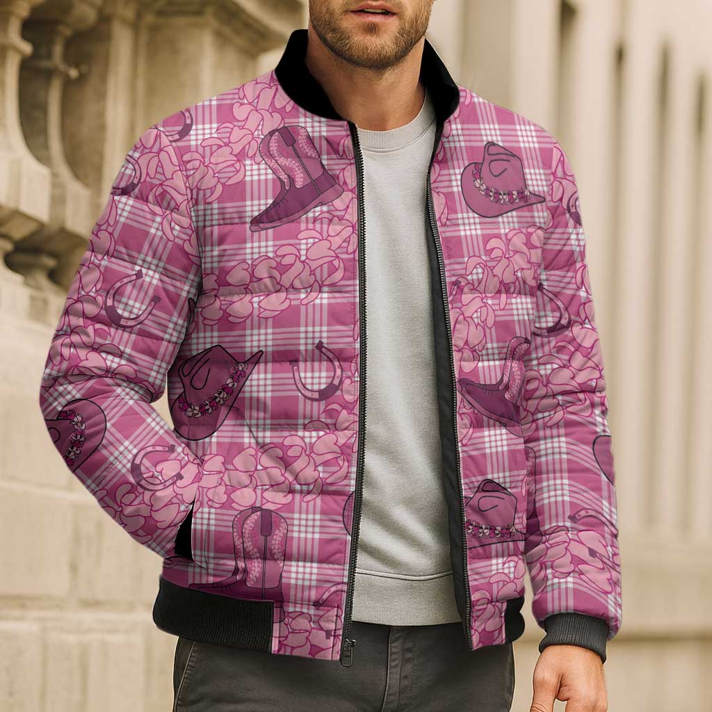 Pink Palaka Hawaii Cowboy Bomber Puffer Jacket Puakenikeni Lei Paniolo Papale Seamless Vibes LT14 - Polynesian Pride