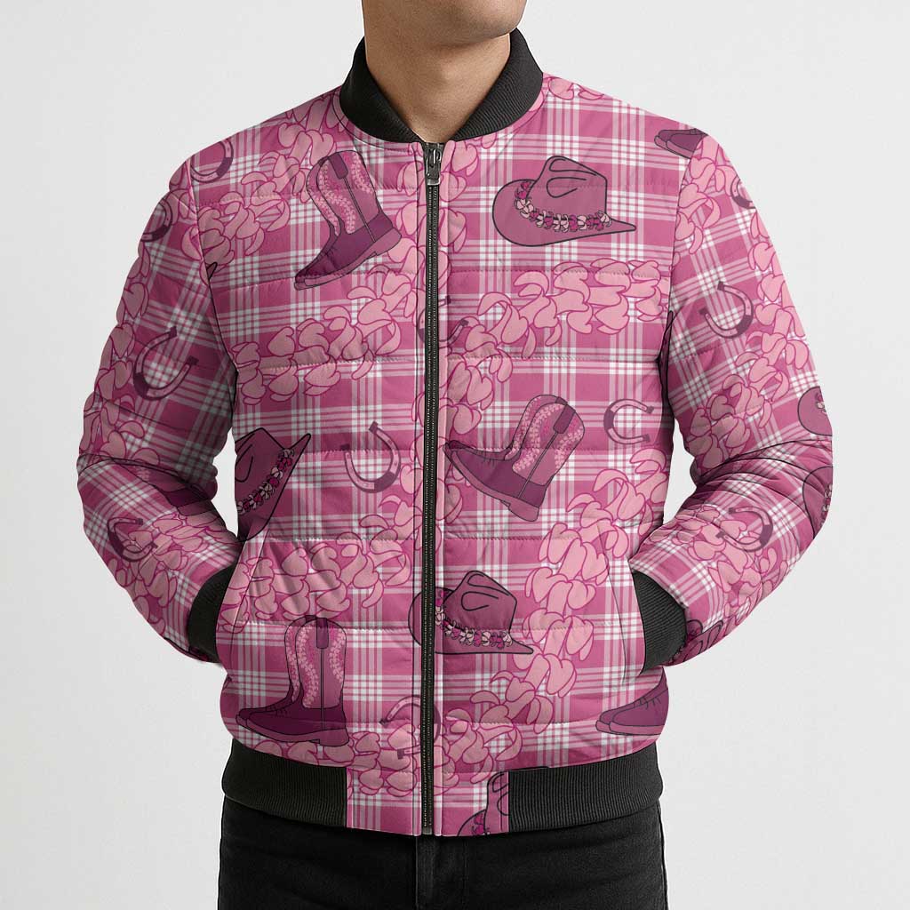 Pink Palaka Hawaii Cowboy Bomber Puffer Jacket Puakenikeni Lei Paniolo Papale Seamless Vibes LT14 - Polynesian Pride