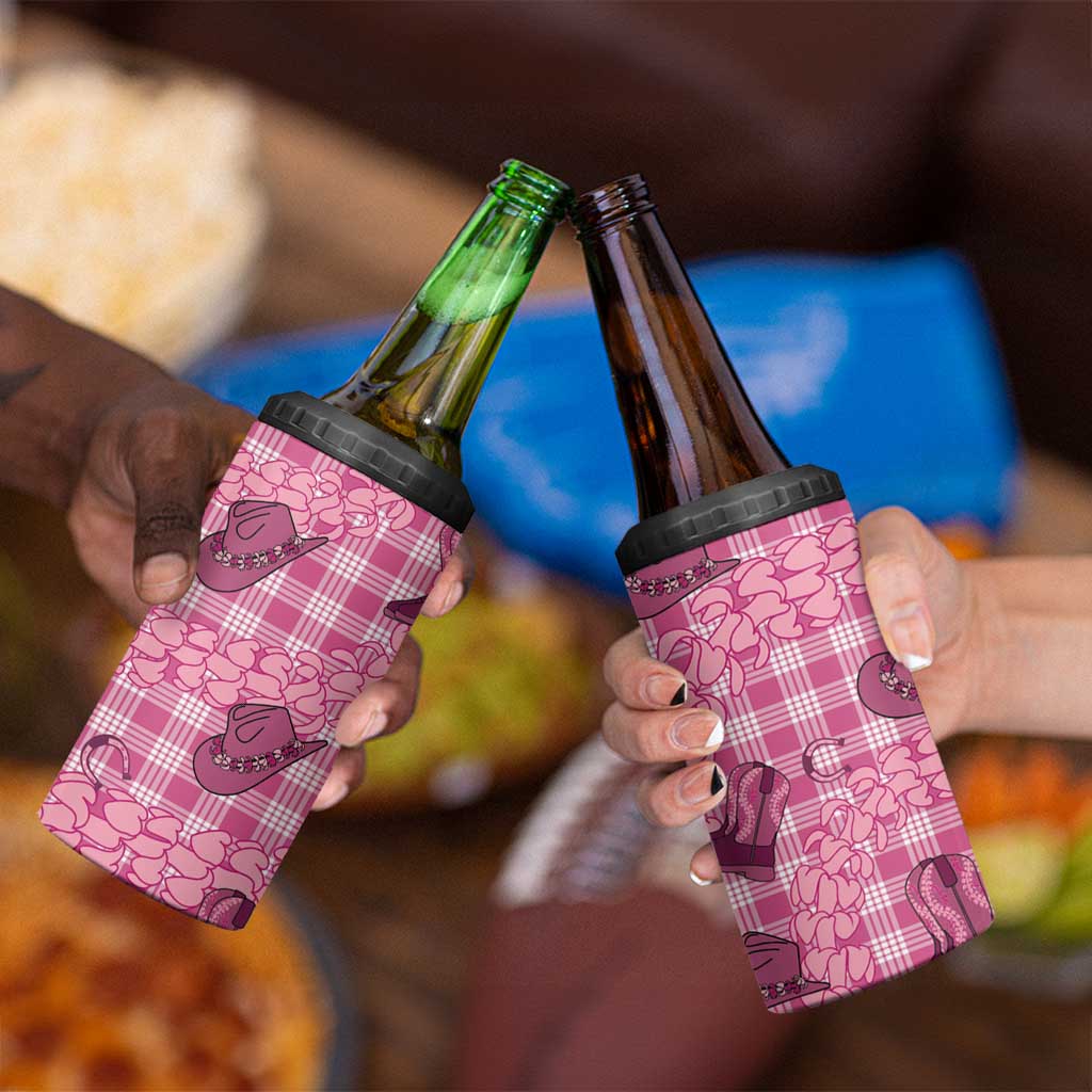 Pink Palaka Hawaii Cowboy 4 in 1 Can Cooler Tumbler Puakenikeni Lei Paniolo Papale Seamless Vibes - Polynesian Pride