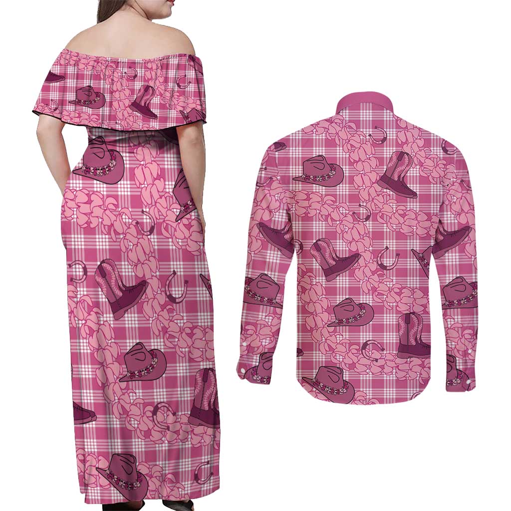 Pink Palaka Hawaii Cowboy Couples Matching Off Shoulder Maxi Dress and Long Sleeve Button Shirt Puakenikeni Lei Paniolo Papale Seamless Vibes LT14 - Polynesian Pride