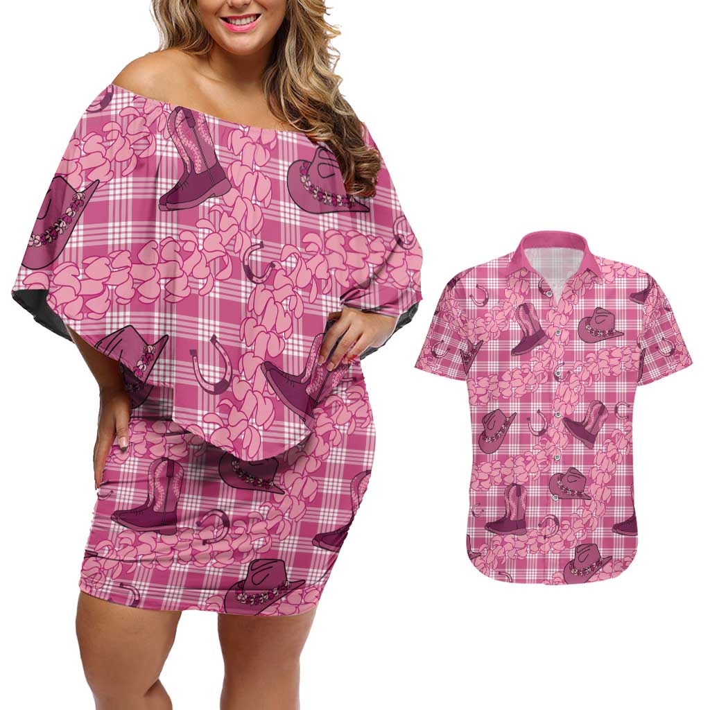 Pink Palaka Hawaii Cowboy Couples Matching Off Shoulder Short Dress and Hawaiian Shirt Puakenikeni Lei Paniolo Papale Seamless Vibes - Polynesian Pride